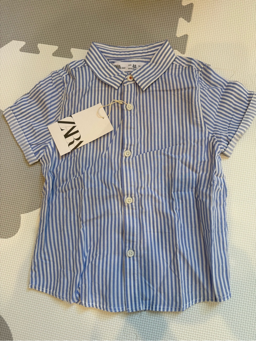 ZARA Kids Blue and White Striped Short-Sleeve Button-Down Shirt 3y